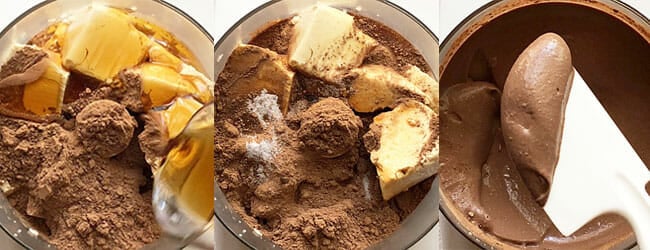 Chocolate pudding in a food processor before and after mixing.