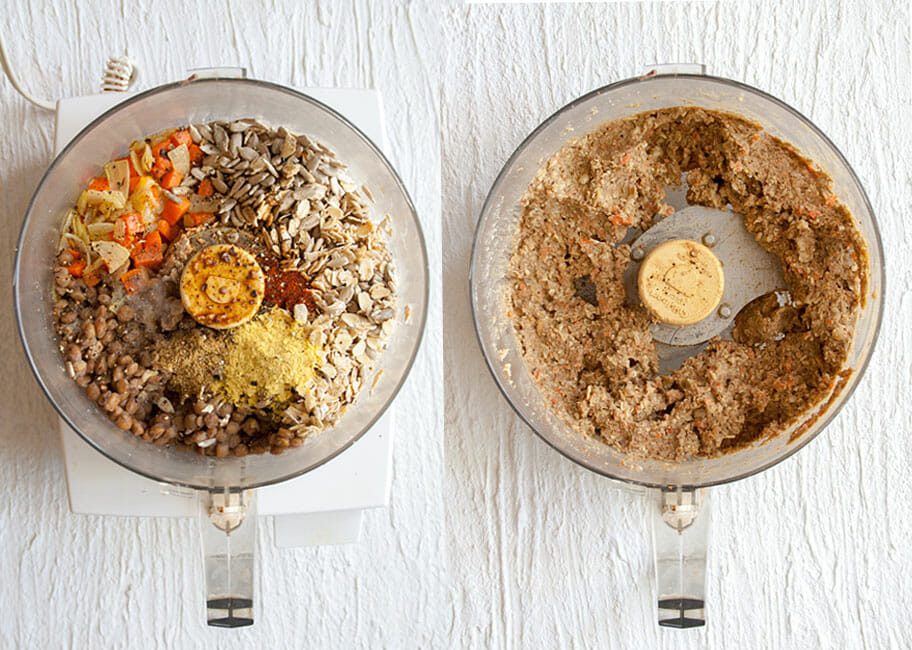 Ingredients for Vegan Lentil Patties in food processor. Left photo: before mixing, right photo: after mixing.