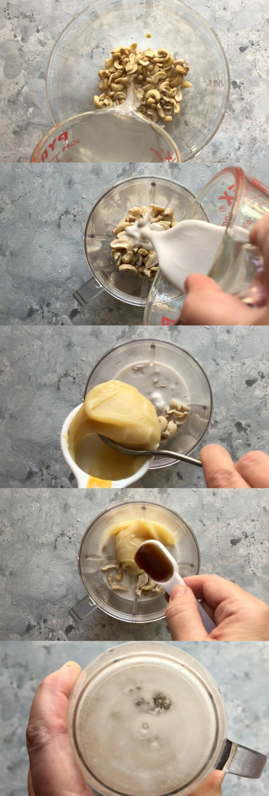 Water being poured over cashews in a bowl, coconut milk being poured over cashews in blender, sweetened condensed coconut milk on top, vanilla extract on top, and blended in a Nutribullet..