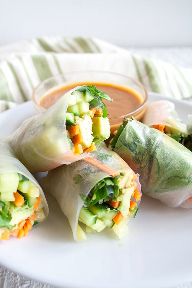Vegetable Spring Rolls on plate with peanut sauce. 