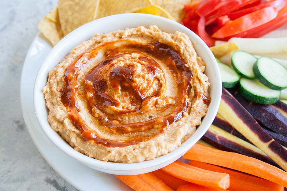 Chipotle Hummus with veggies and tortilla chips.