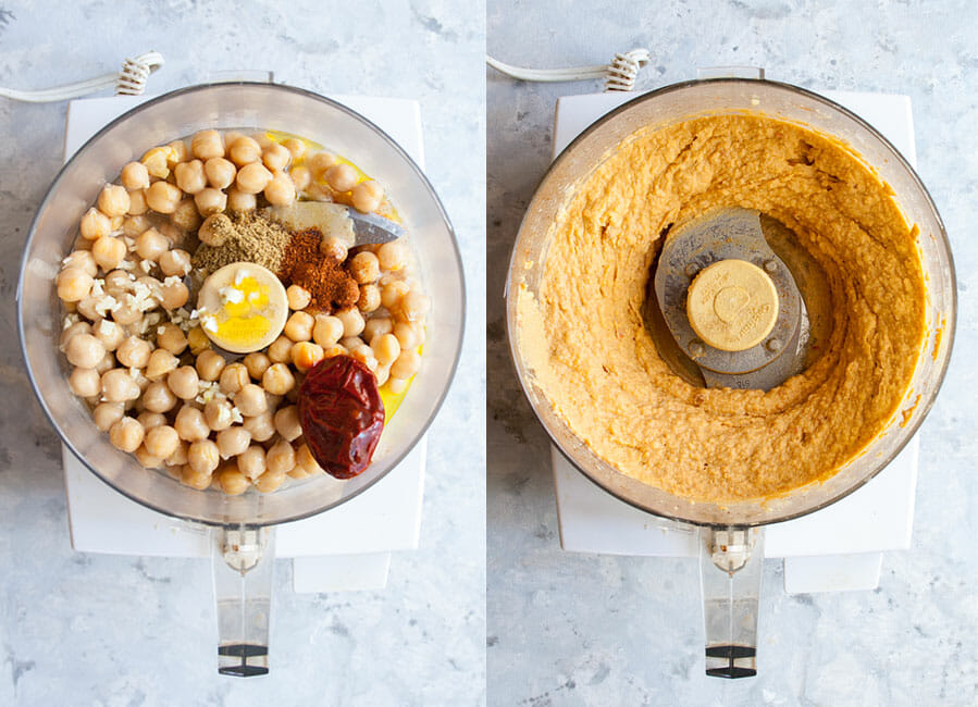 Hummus ingredients in food processor. Left photo before mixing, right photo after mixing.