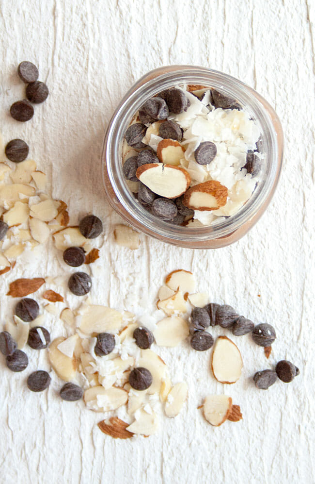 Almond Joy Overnight Oats bird's eye view.