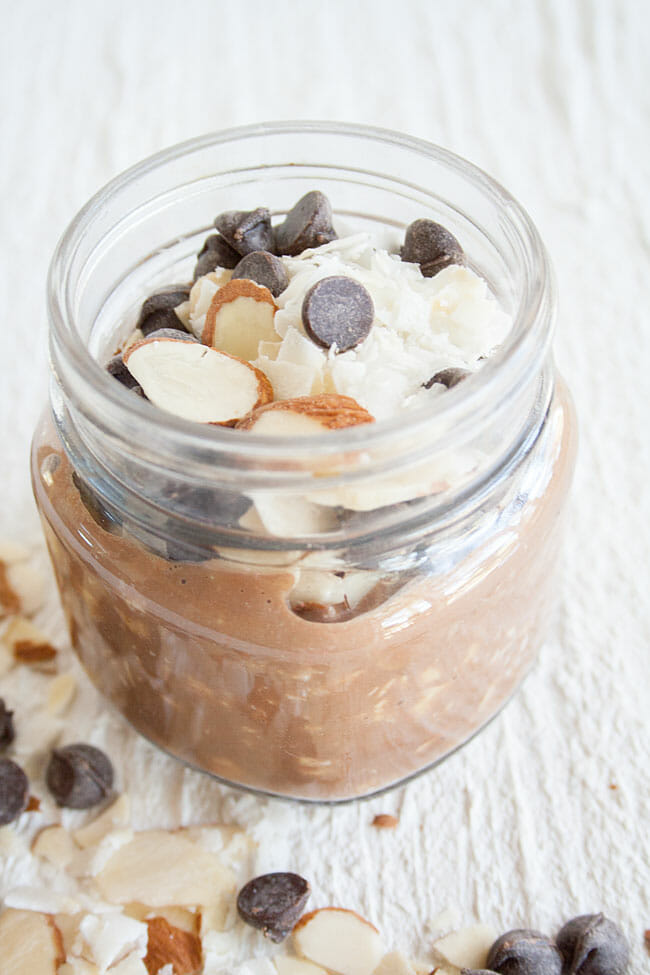 Almond Joy Overnight Oats in a mason jar.