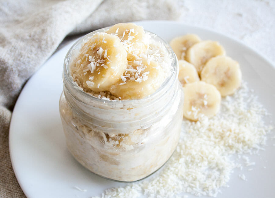 Banana Overnight Oats in a mason jar.