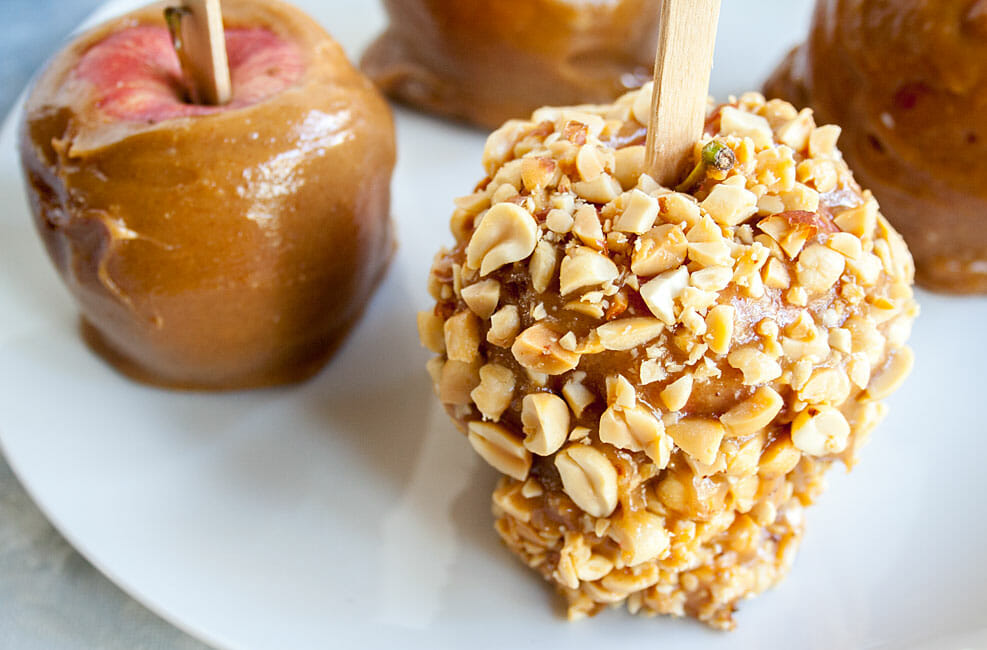 Vegan Caramel Apples close up.