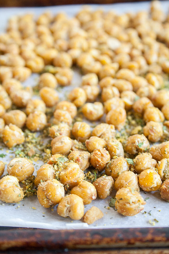 Ranch Roasted Chickpeas on a sheet pan.
