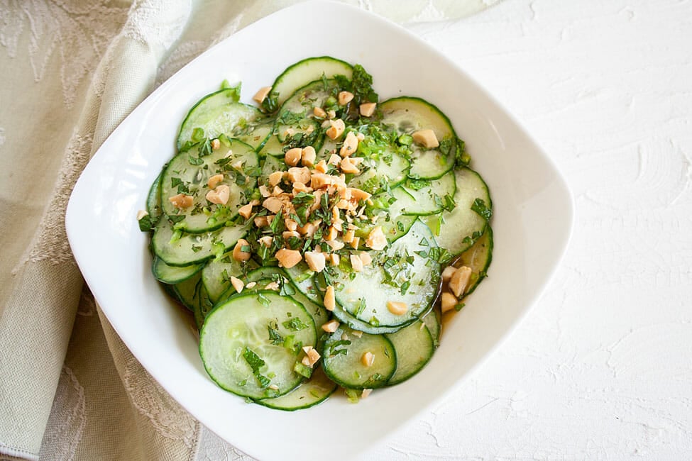 Spicy Cucumber Salad in bowl.