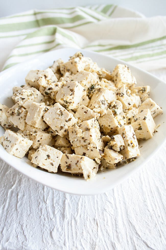 Tofu Feta in a bowl.