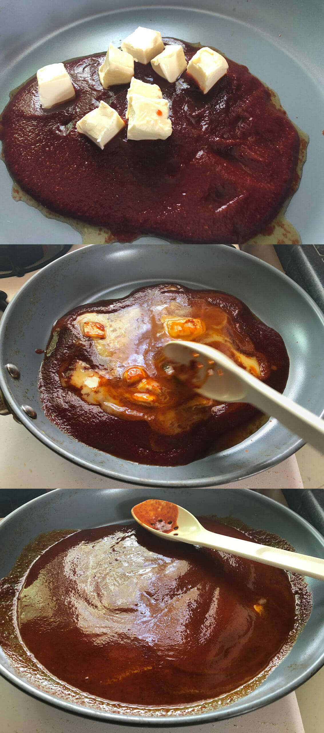 Vegan butter in a saucepan with hot sauce, then being melted and cooked through.