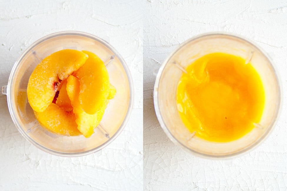 Frozen peach daiquiri in a blender before and after blending.