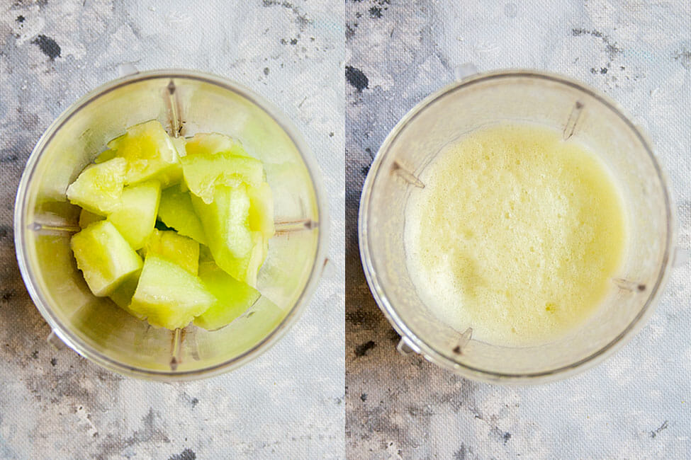 Ingredients in a blender before and after blending.