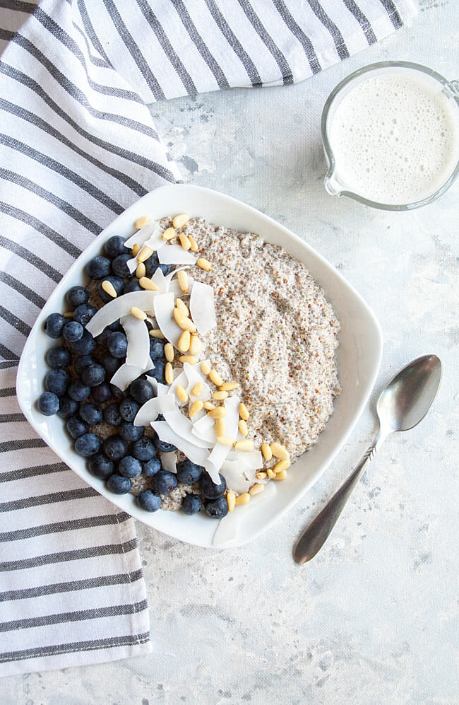 Keto Porridge with blueberries, pine nuts, and coconut flakes in a bowl with hemp milk next to it bird's eye view.