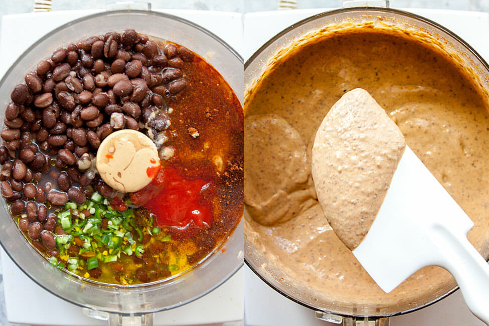 Black Bean Hummus ingredients in a food processor before and after being mixed. (Two photos)