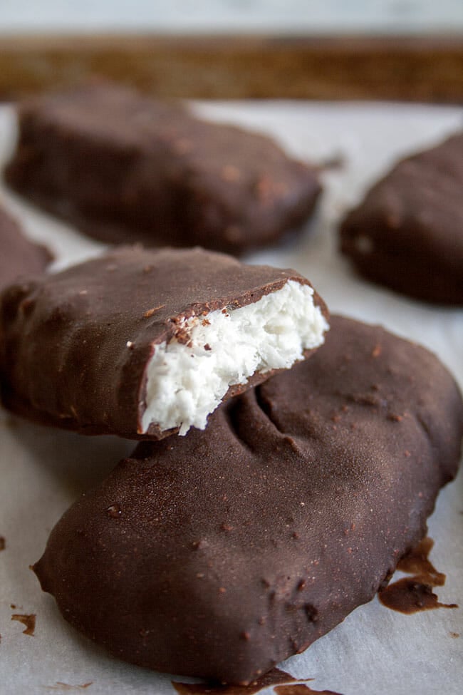 Sugar Free Mounds Bars on parchment paper.