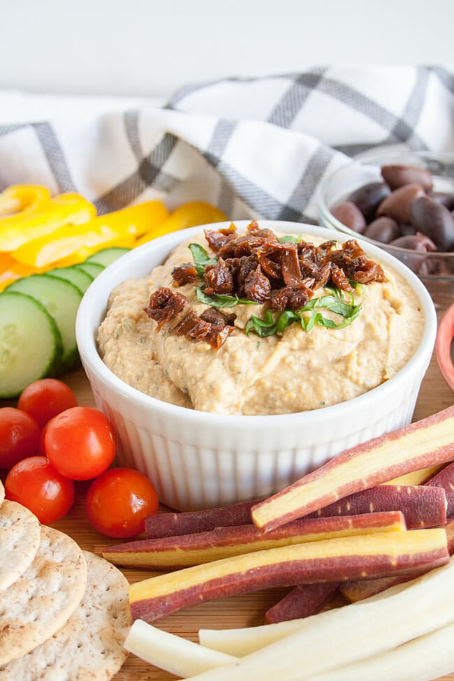 Sun-Dried Tomato and Basil Hummus with vegetables.