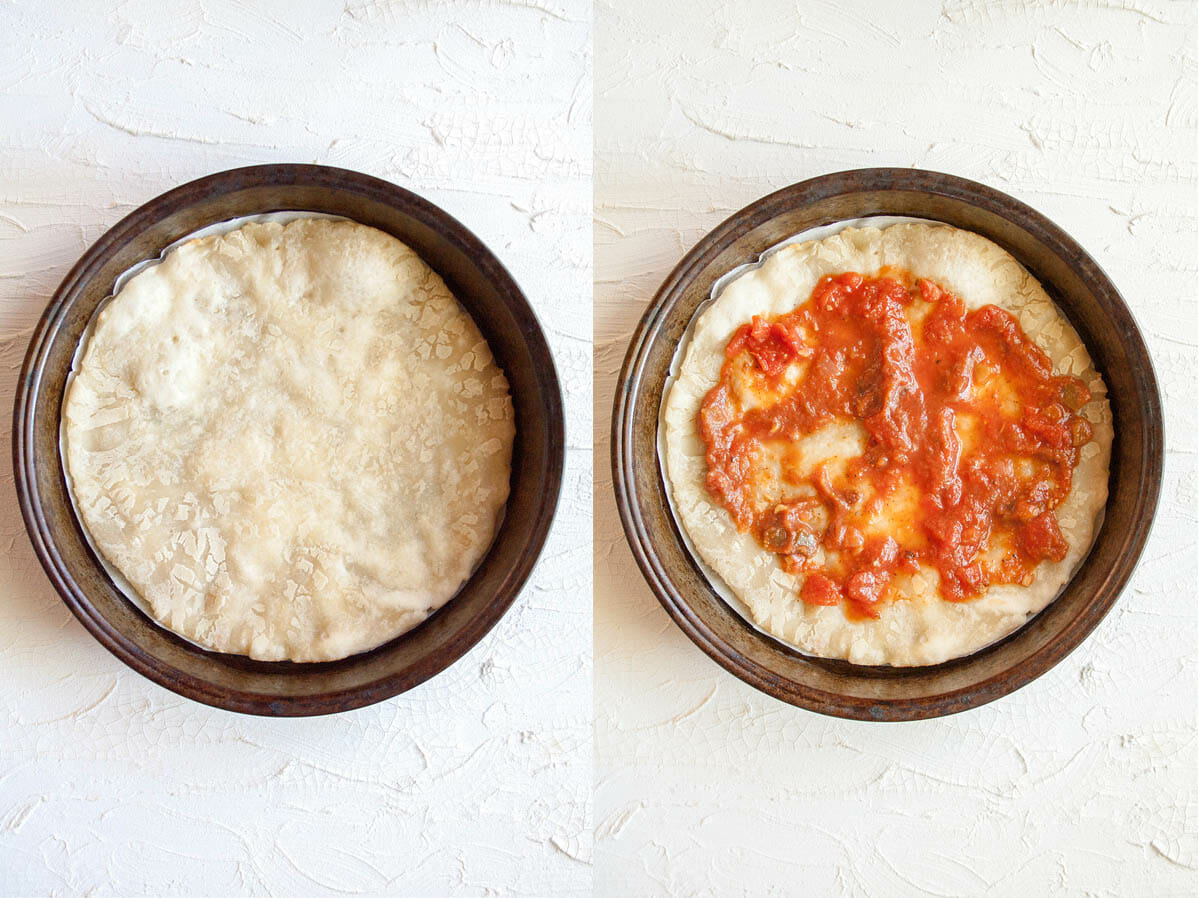 Baked pizza crust, then topped with salsa.