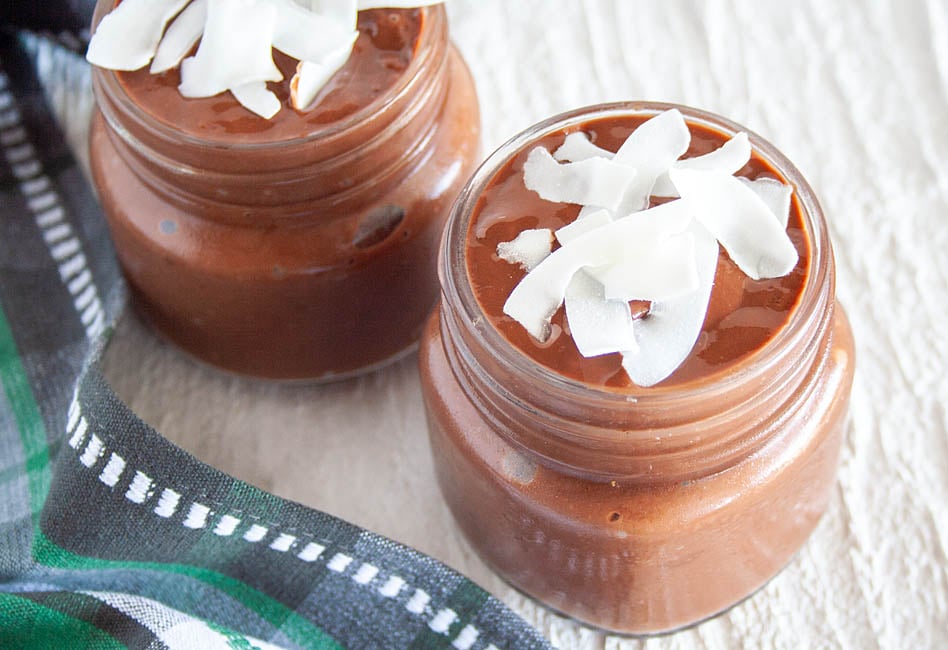 Homemade chocolate pudding in jars.