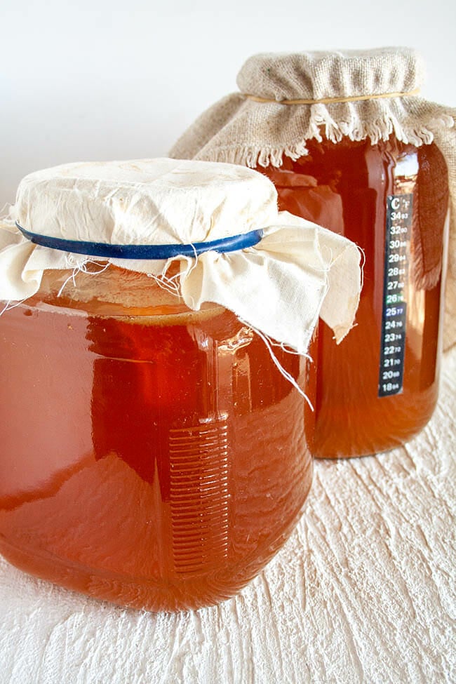 Kombucha in two 1 gallon sized jars with towels and rubber bands on the top to secure them
