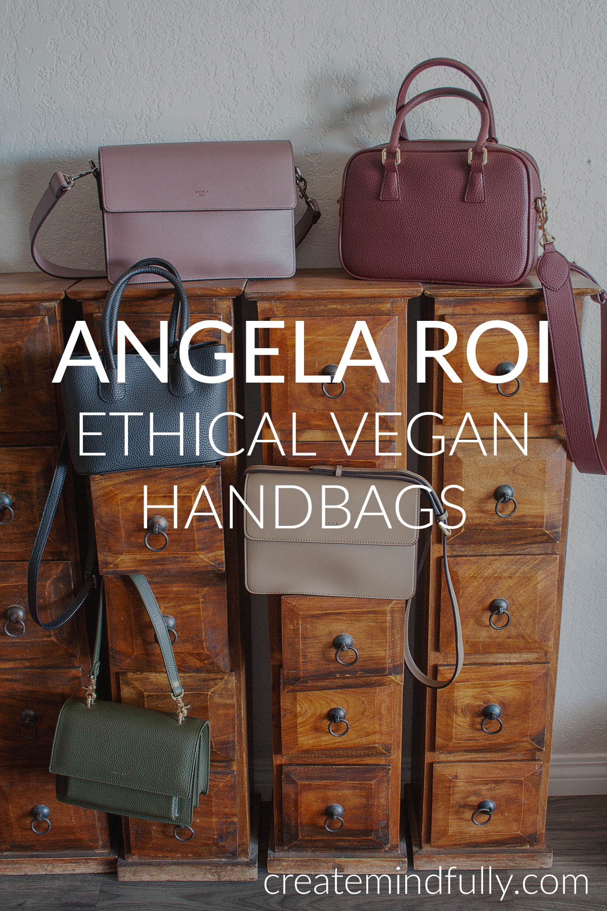 "Angela Roi ethical vegan handbags" written on photo with 5 purses.