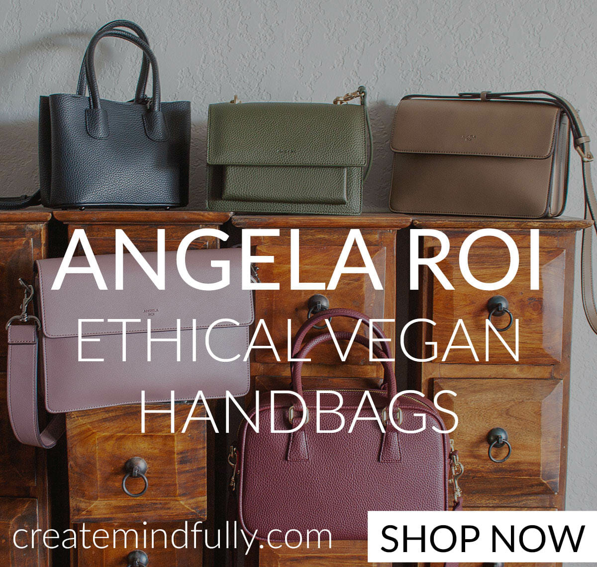 "Angela Roi ethical vegan handbags" written on photo of 5 purses