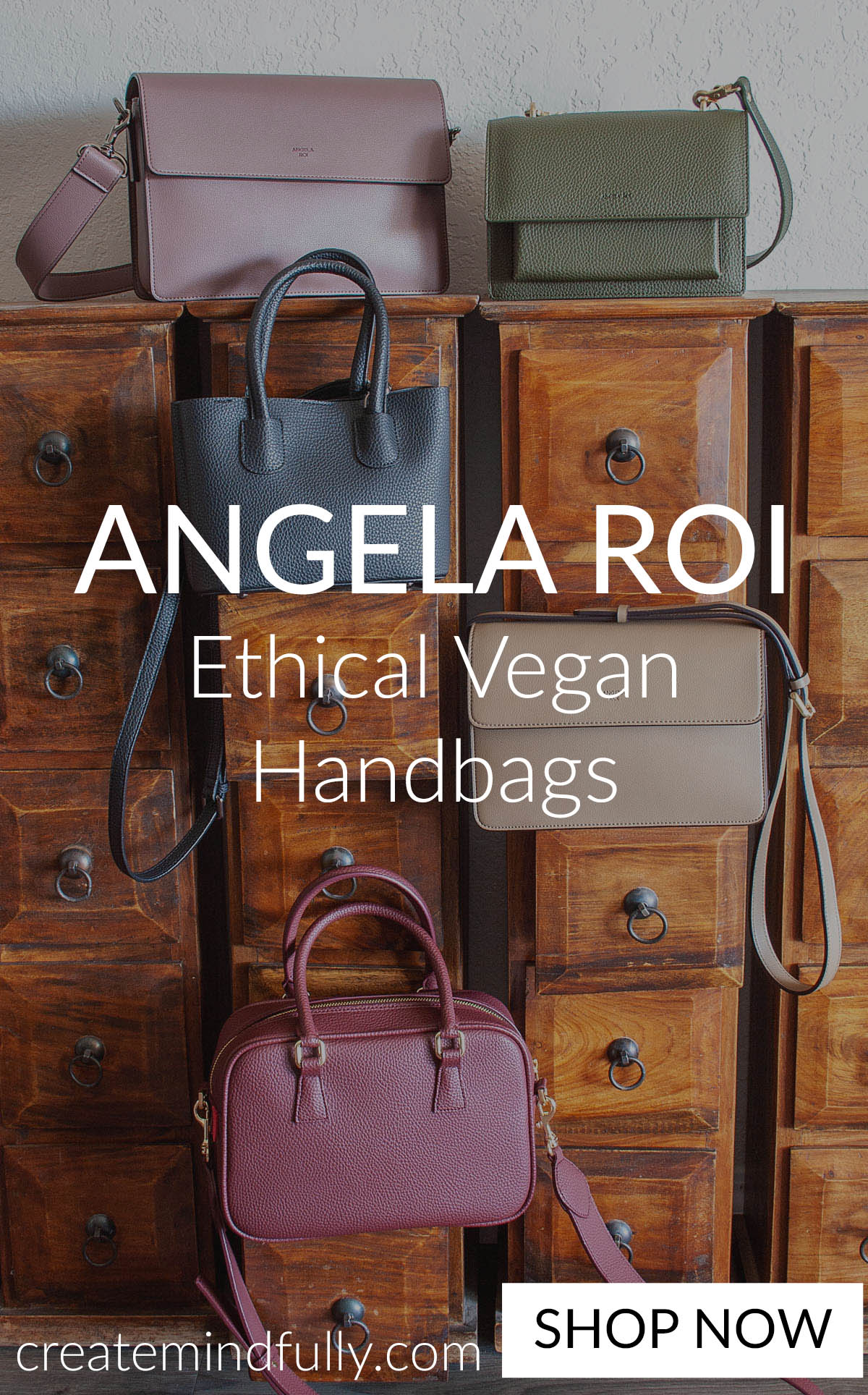 "Angela Roi ethical vegan handbags" written on photo of 5 purses