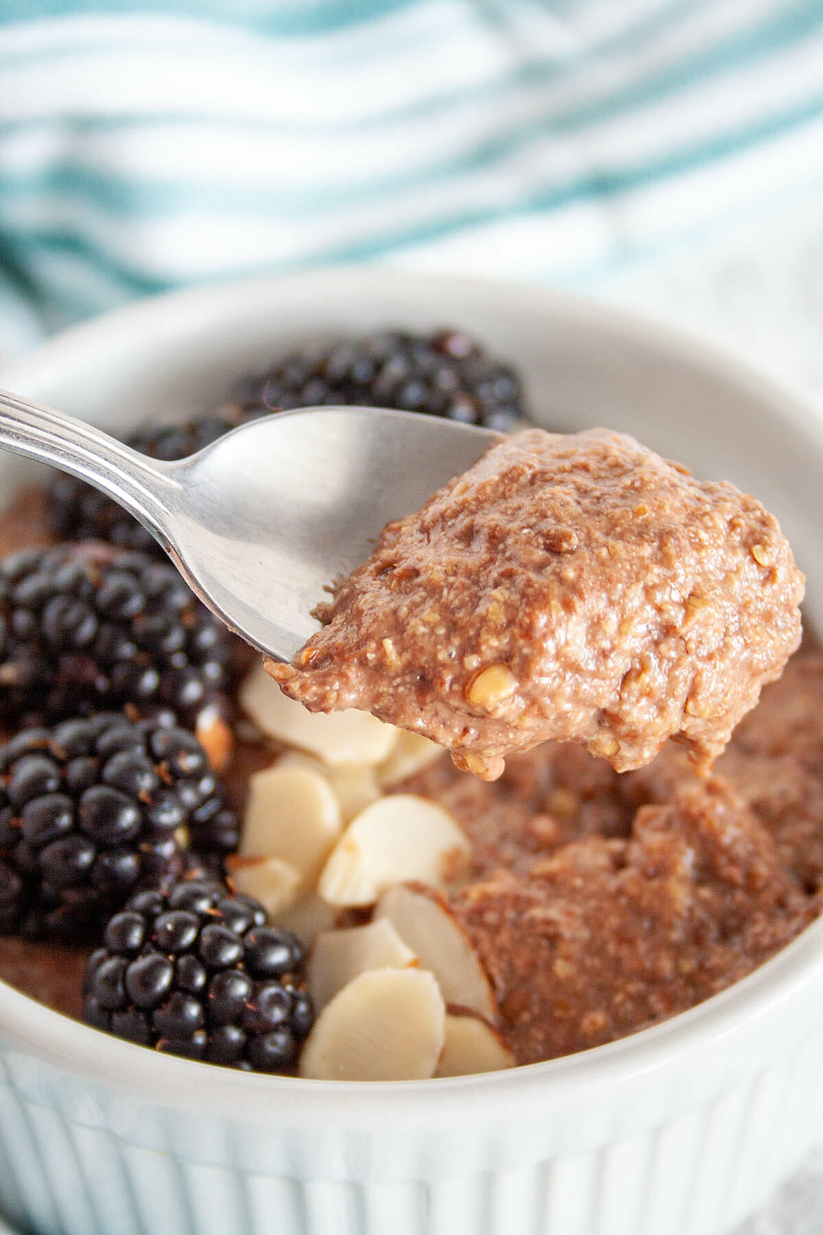 Spoonful of chocolate flaxseed porridge.