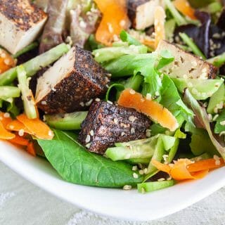 Balsamic Tofu in a salad close up.