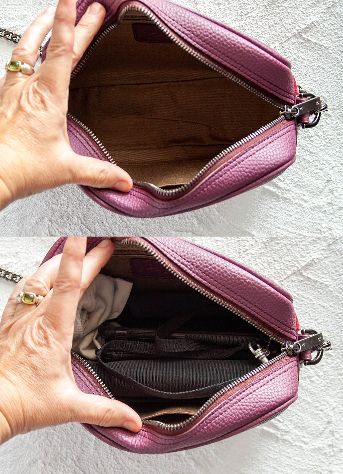 Grace Mini Crossbody showing the inside empty (top photo) and full (bottom photo).