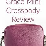 "Angela Roi Grace Mini Crossbody Review" written on photo of purple Grace handbag.