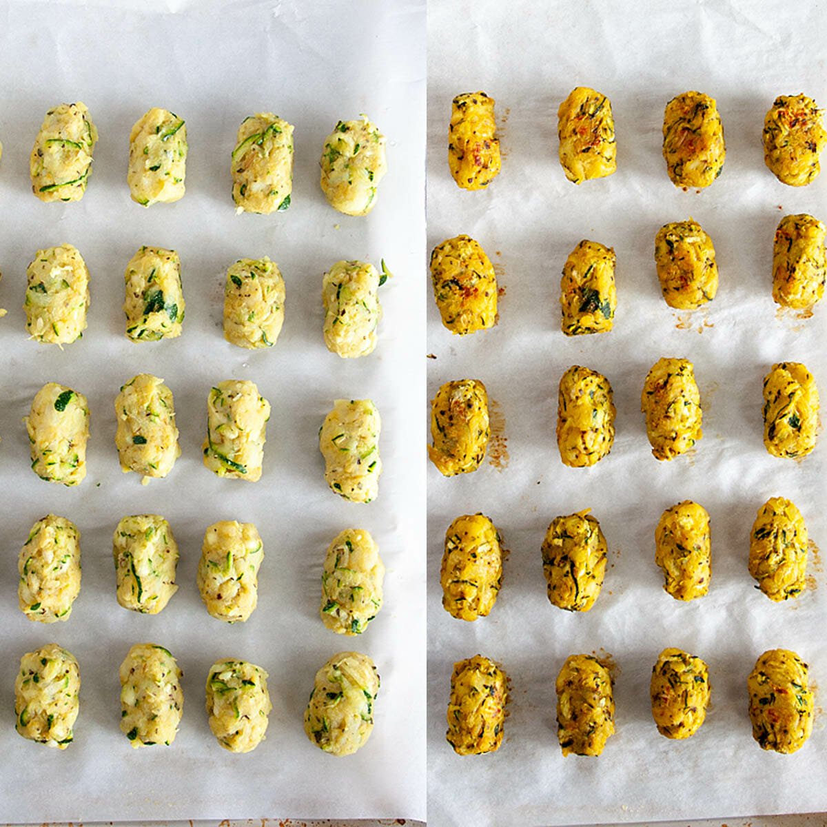 Zucchini Tots before and after baking on parchment lined baking sheet.