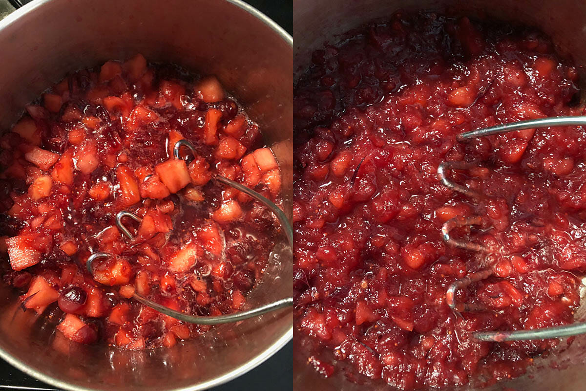 Chopped apples and cranberries simmering and being mashed at two stages of the cooking.