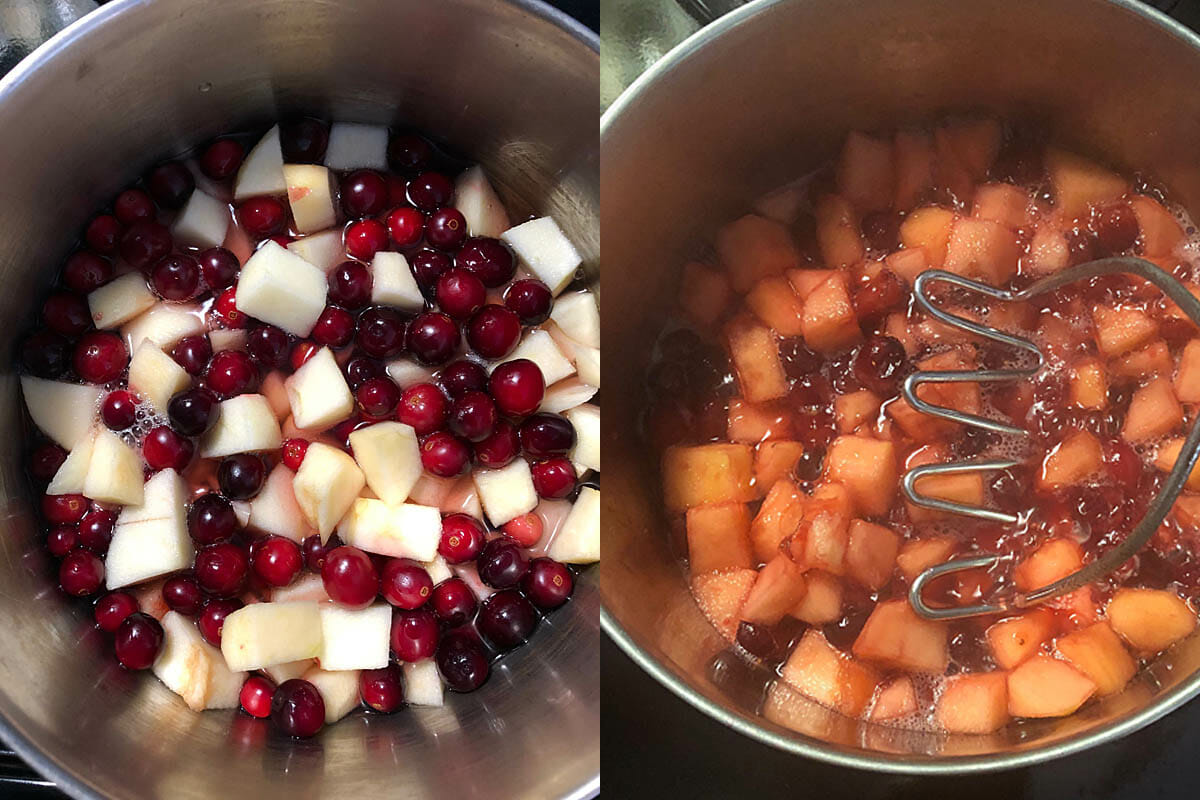 Chopped apples and cranberries in pan, right photo shows them simmering with a potato masher.