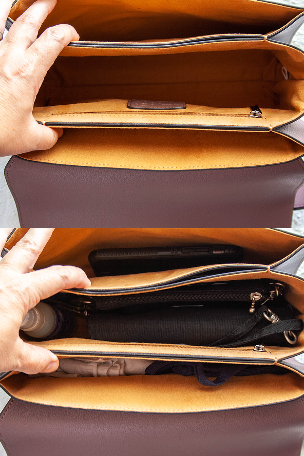 Inside of Hamilton Shoulder Bag both empty and with contents.