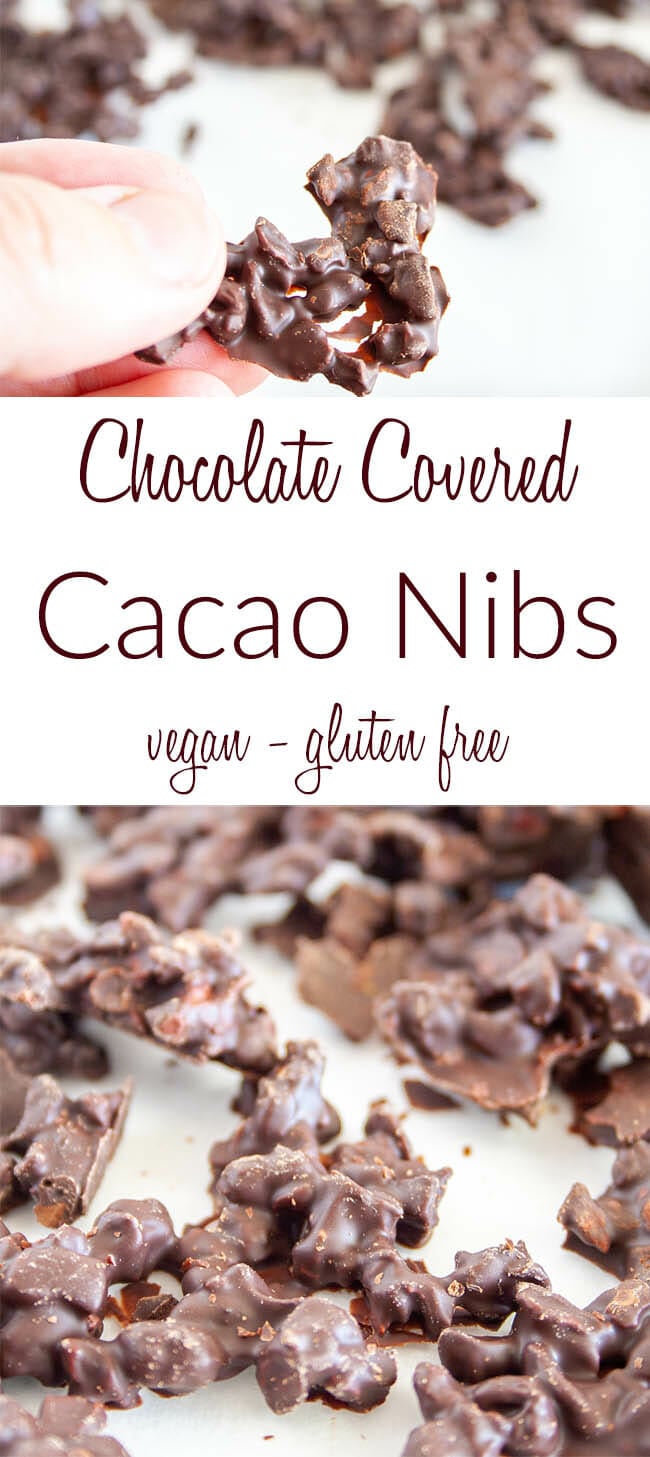 Chocolate Covered Cacao Nibs collage photo with text.