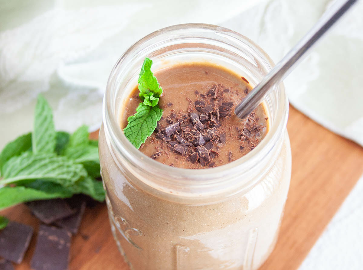 Mint Chocolate Chip Smoothie close up.