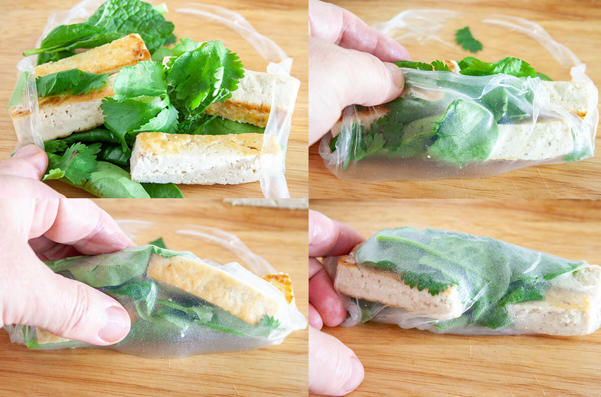 Stages of Spring Rolls being rolled on cutting board.