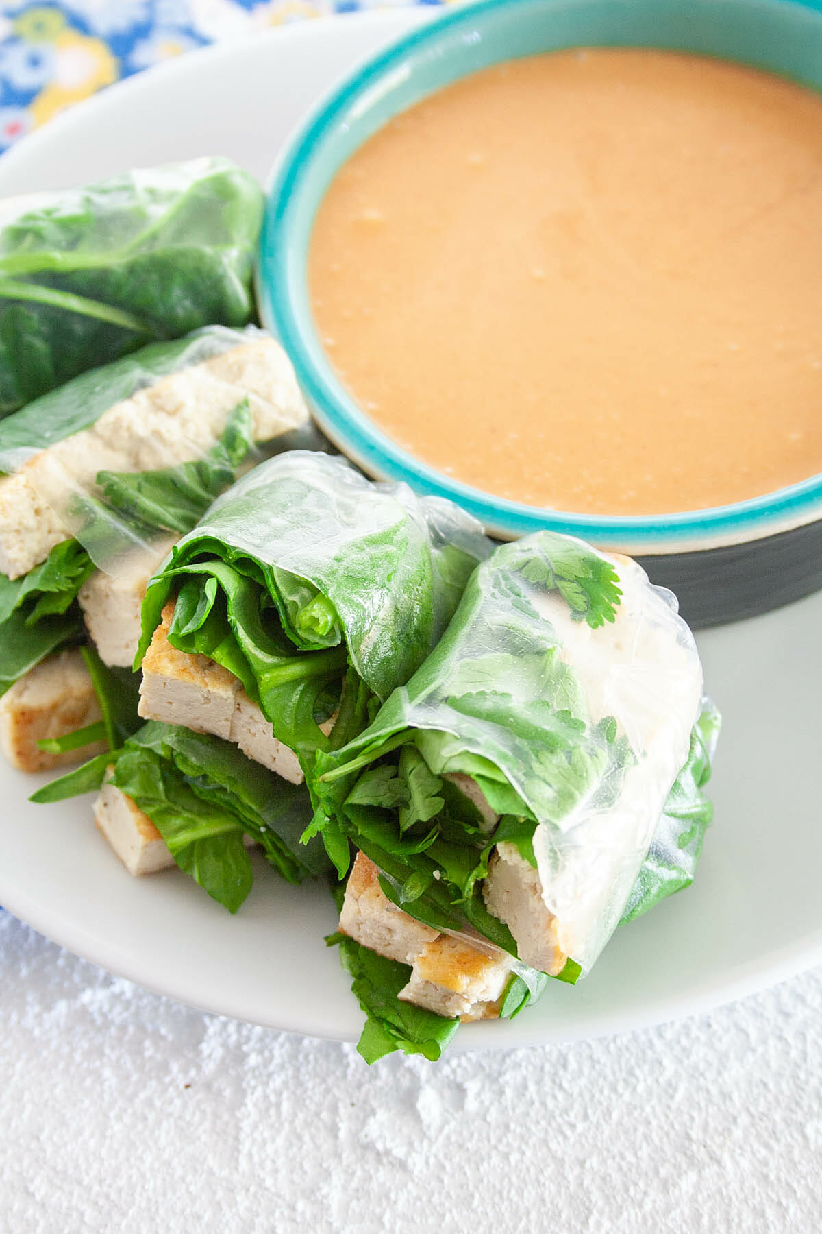 Tofu Spring Rolls with Peanut Dipping Sauce on a plate.