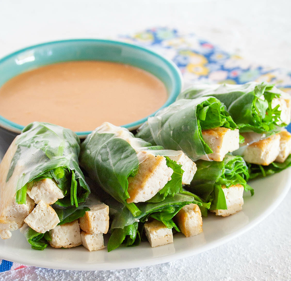 Tofu Spring Rolls with Peanut Dipping Sauce on a plate.