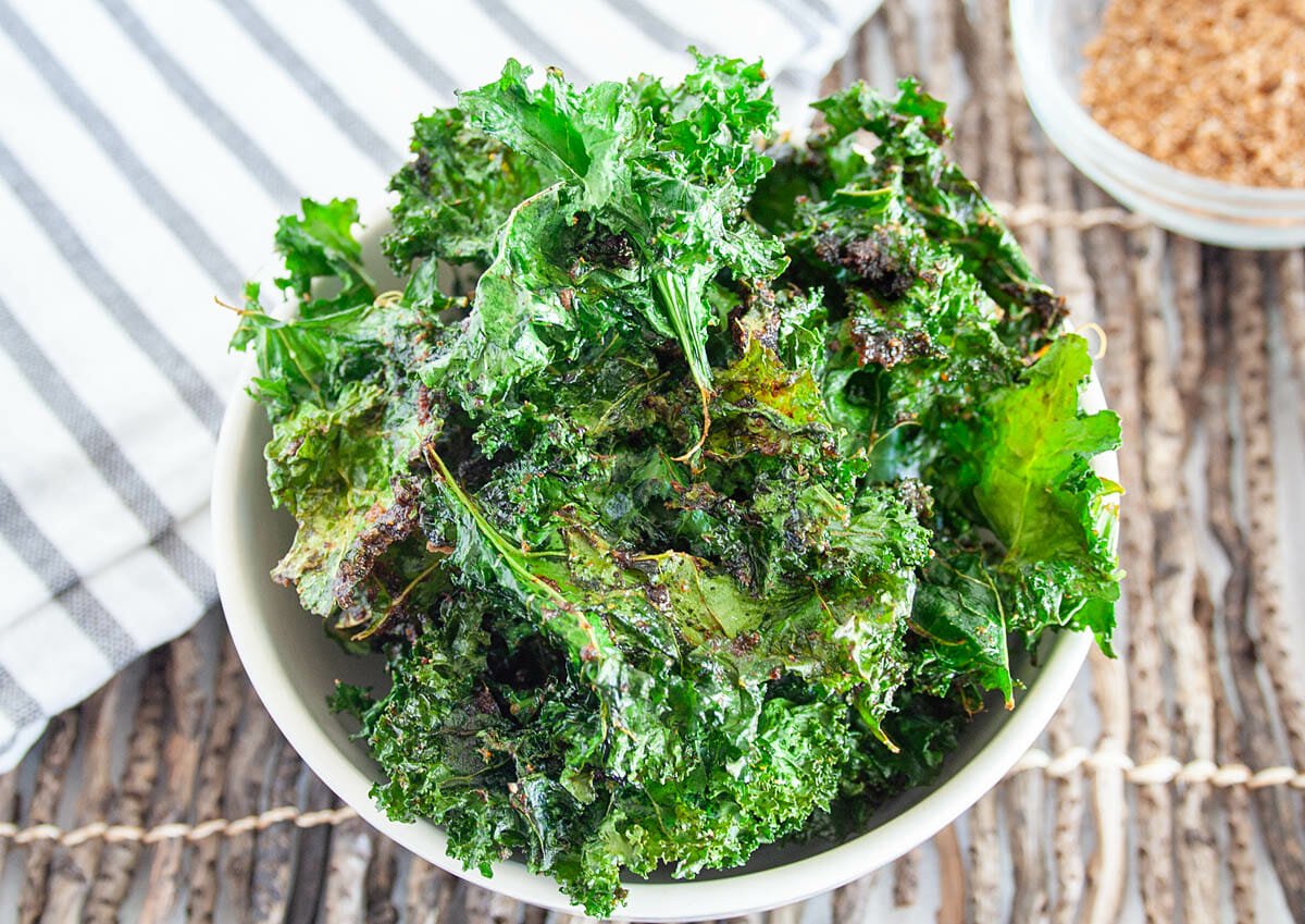 BBQ Kale Chips in a bowl close up.