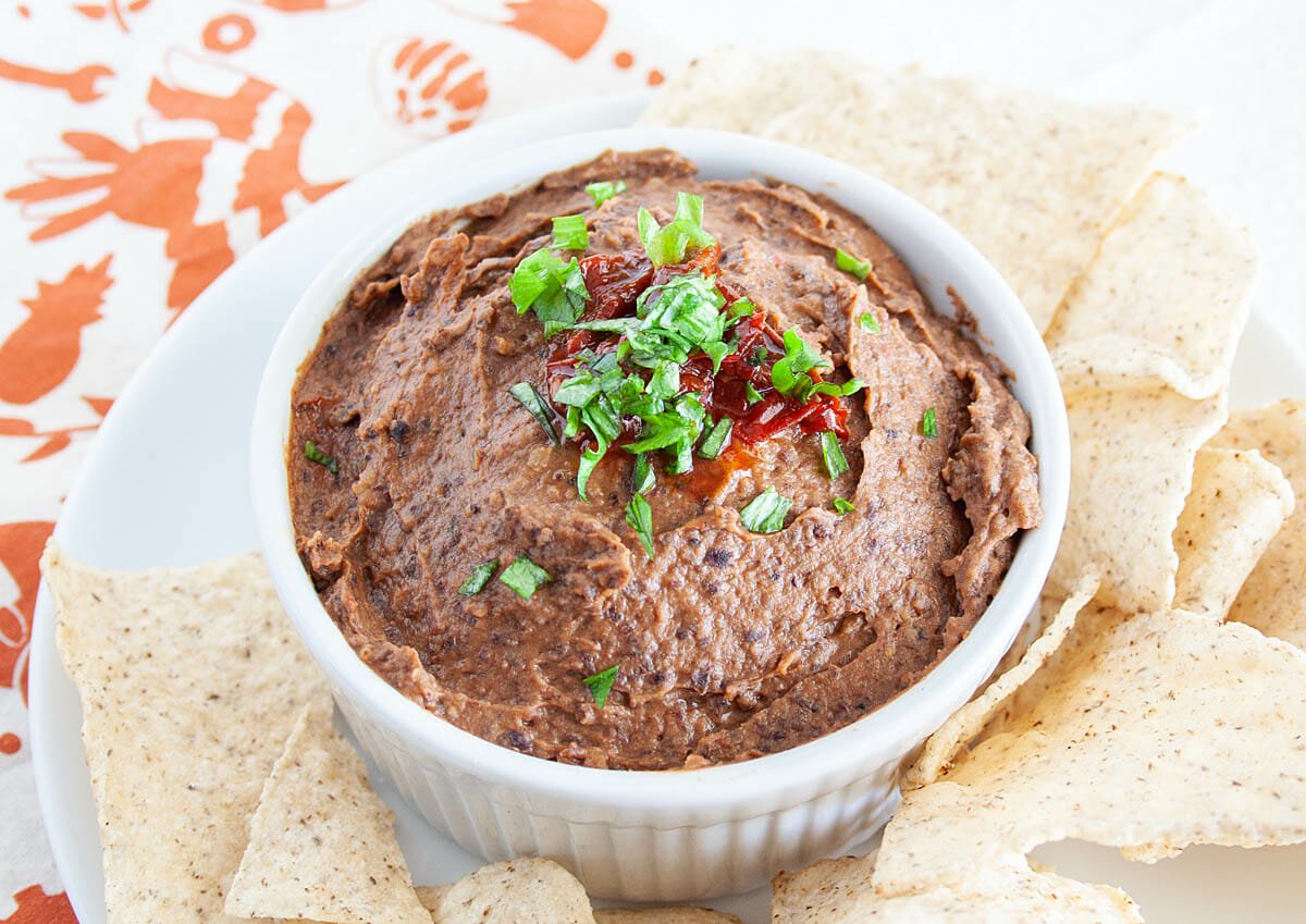 Chipotle Black Bean Dip with tortilla chips.