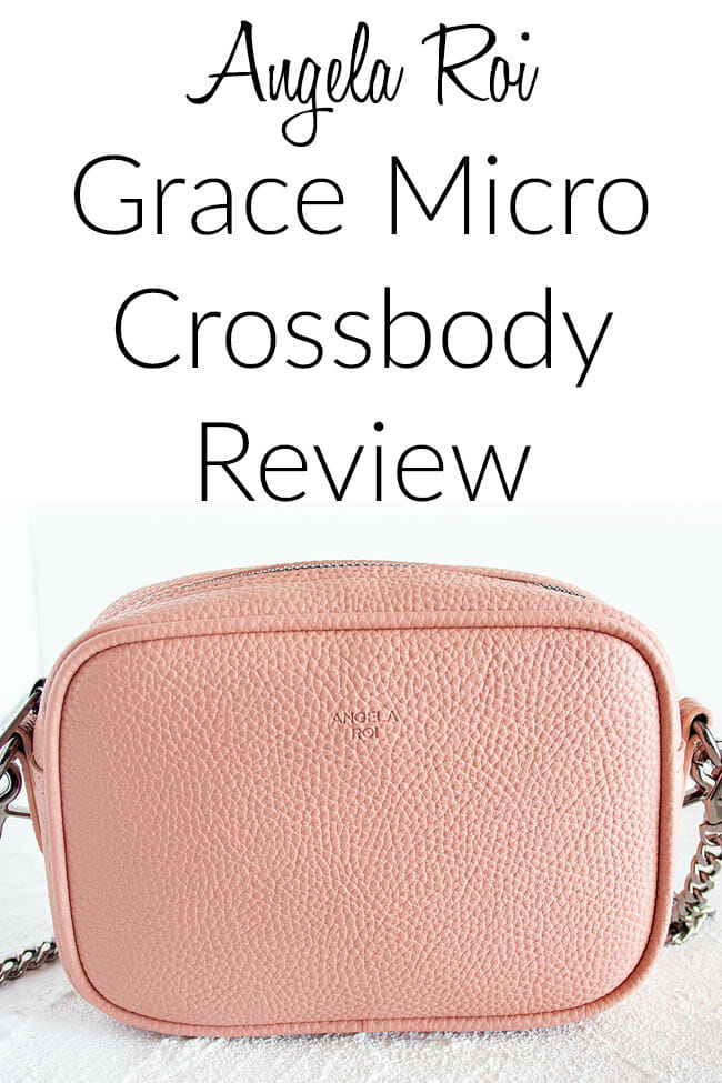 "Angela Roi Grace Micro Crossbody Review" written above the handbag.