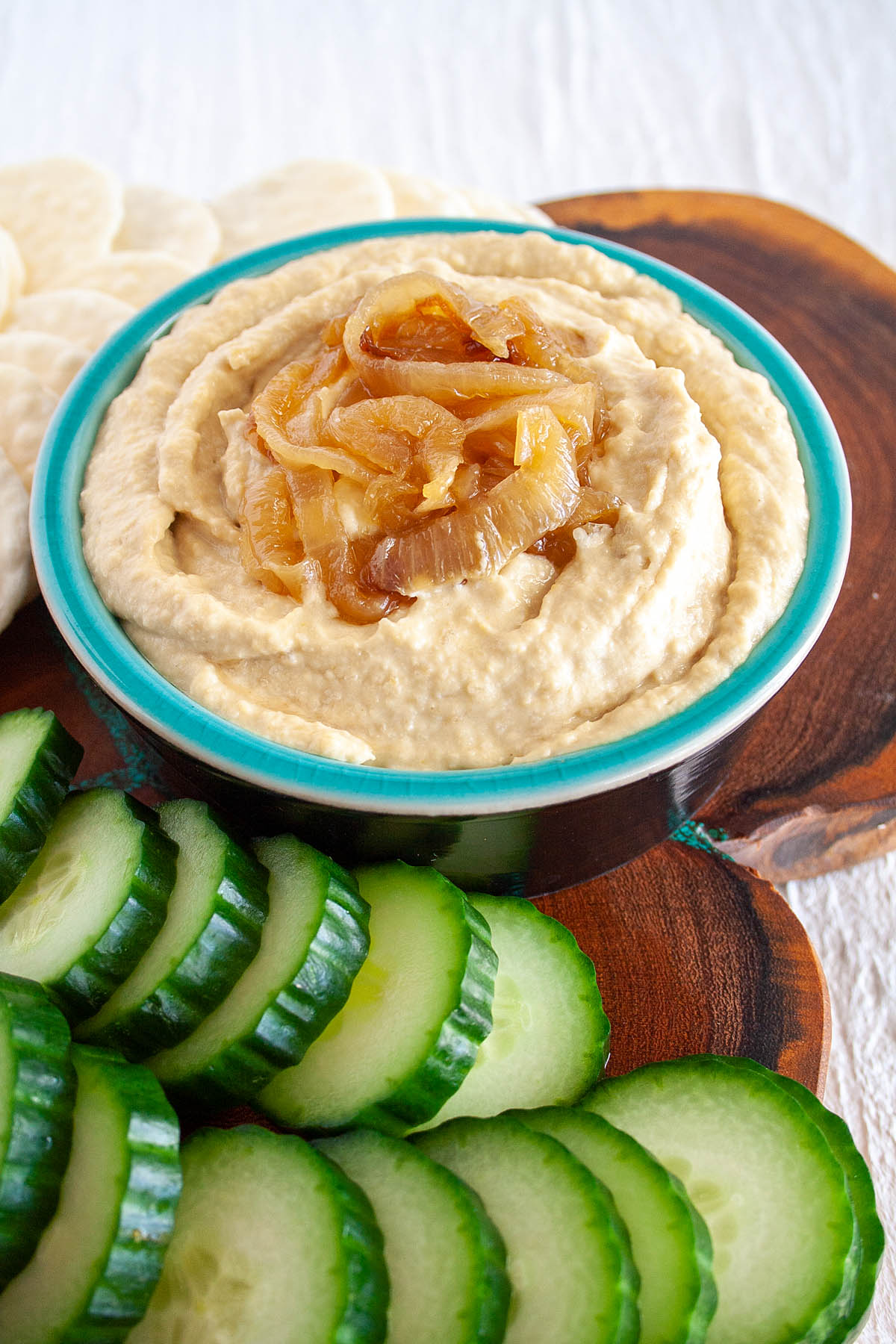 Caramelized Onion Hummus close up.