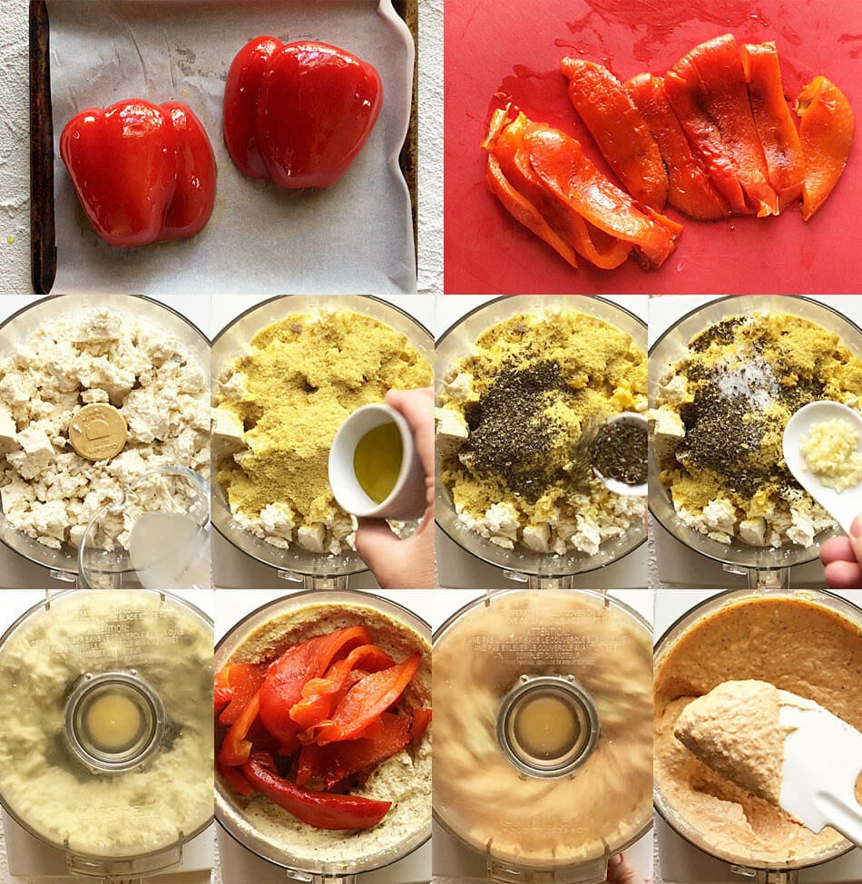 Red pepper before and after roasting. Tofu ricotta ingredients in food processor. Roasted red pepper being added to tofu ricotta.