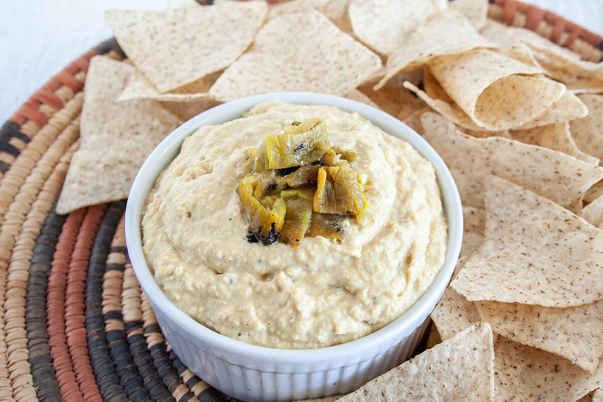 Roasted Hatch Chile Hummus with tortilla chips.