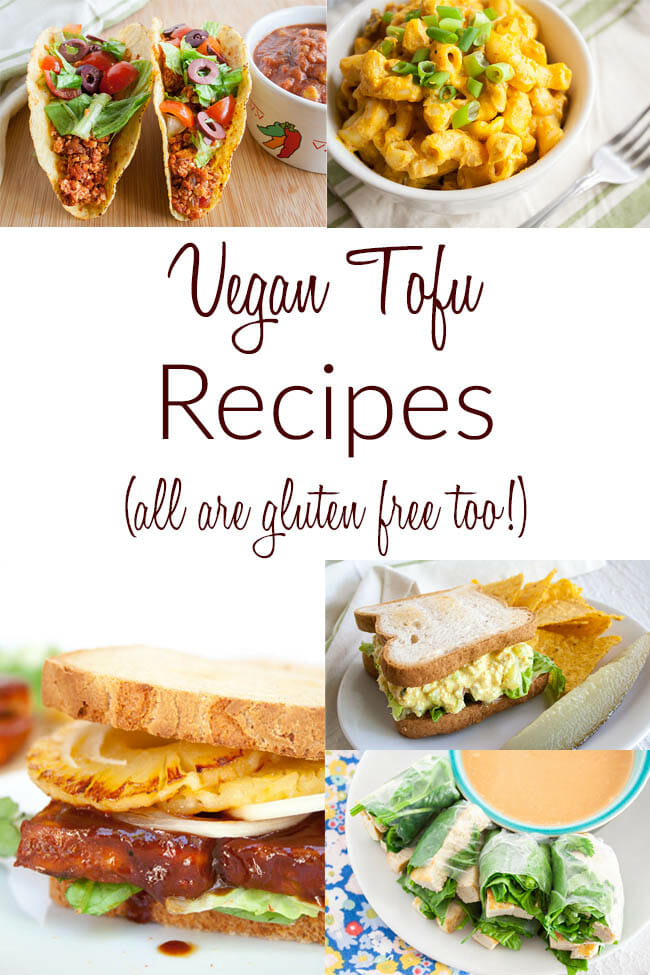 Vegan Tofu Recipes collage photo with text showing tacos, mac and cheese, BBQ sandwich, spring rolls, and tofu salad sandwich.