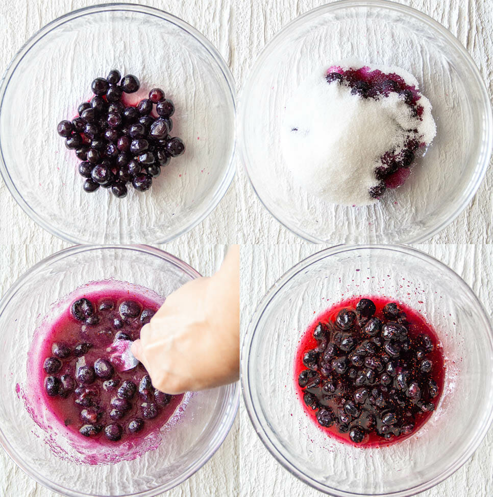 Process shots showing a bowl of blueberries; with sugar; mashed; and after sitting 24 hours.