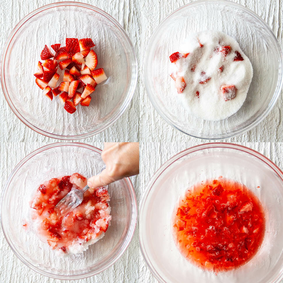 Strawberry Shrub process shots showing chopped strawberries; with sugar; being mashed; and after sitting 24 hours.