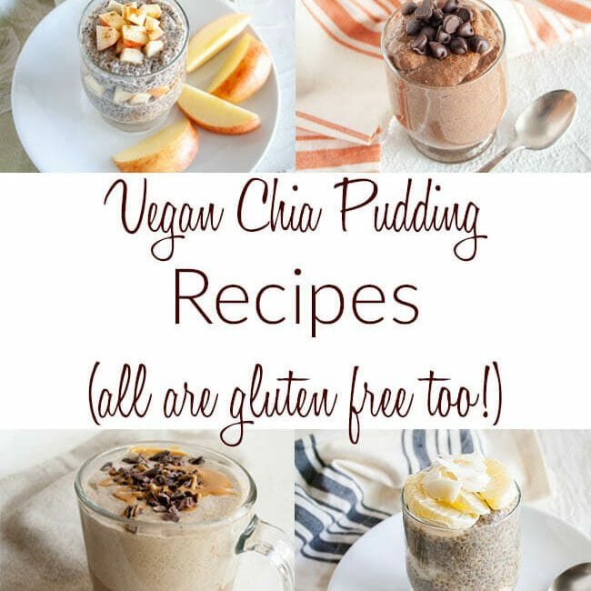 "Vegan Chia Pudding Recipes, all are gluten free too!" written in middle of collage photo with 6 different chia puddings.