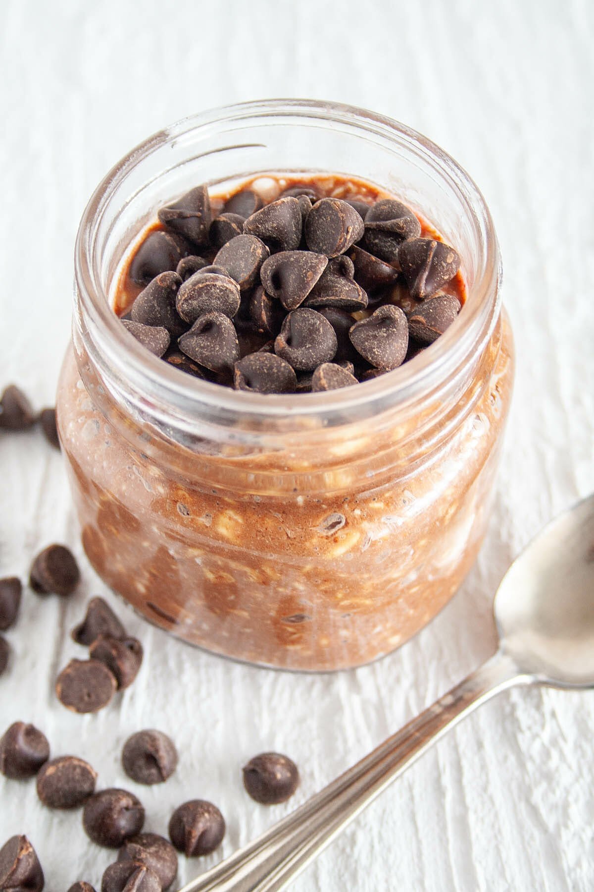 Chocolate Overnight Oats with chocolate chips on top. 